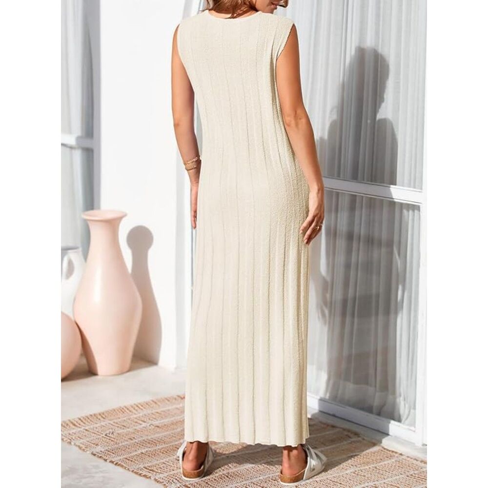 Scoop Neck Ribbed Knit Tank Top Beige Dress, Small, 4I-195D002 - Picture 2 of 2